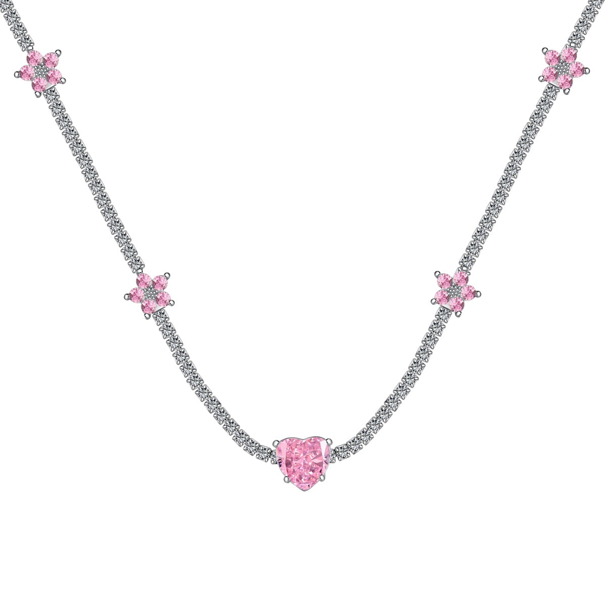 [Lucky Jewelry]Dazzling Pink Heart Flower Necklace