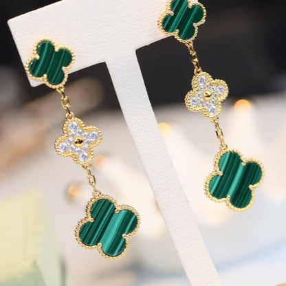 [⭐Renara]CLOVER EARRINGS GOLD MALACHITE DIAMOND 3 MOTIF