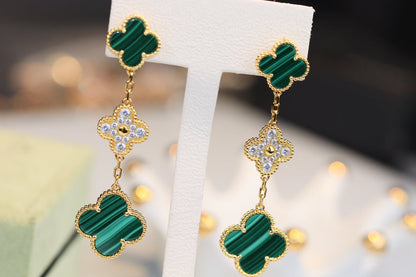 [⭐Renara]CLOVER EARRINGS GOLD MALACHITE DIAMOND 3 MOTIF