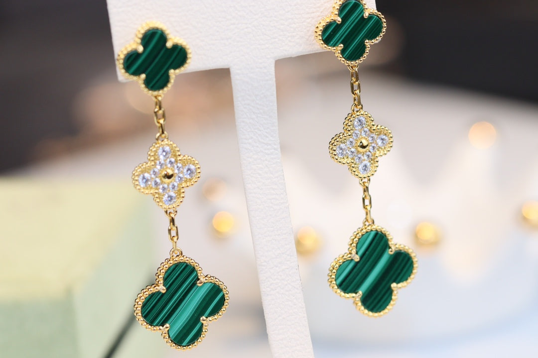 [⭐Renara]CLOVER EARRINGS GOLD MALACHITE DIAMOND 3 MOTIF