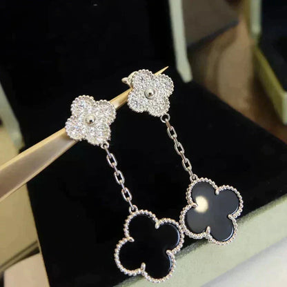 [⭐Renara]CLOVER 2 MOTIFS  DIAMOND ONYX EARRINGS SILVER