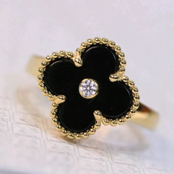 [⭐Renara]CLOVER ONYX RING GOLD DIAMOND