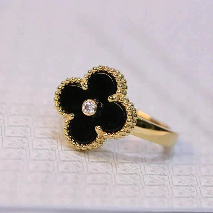 [⭐Renara]CLOVER ONYX RING GOLD DIAMOND