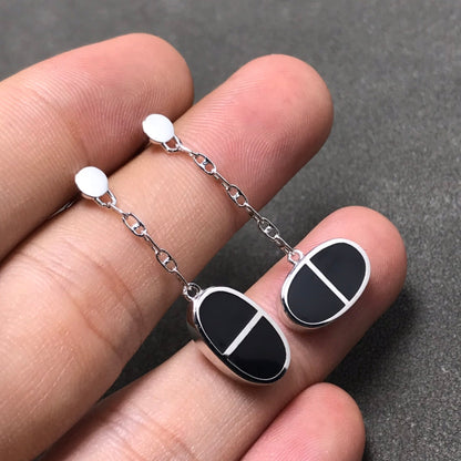 [⭐Renara]CHAINE VERSO BLACK CERAMIC SILVER EARRINGS