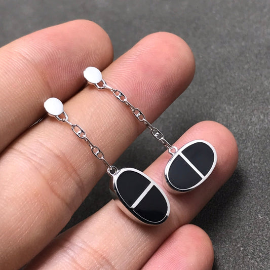 [⭐Renara]CHAINE VERSO BLACK CERAMIC SILVER EARRINGS