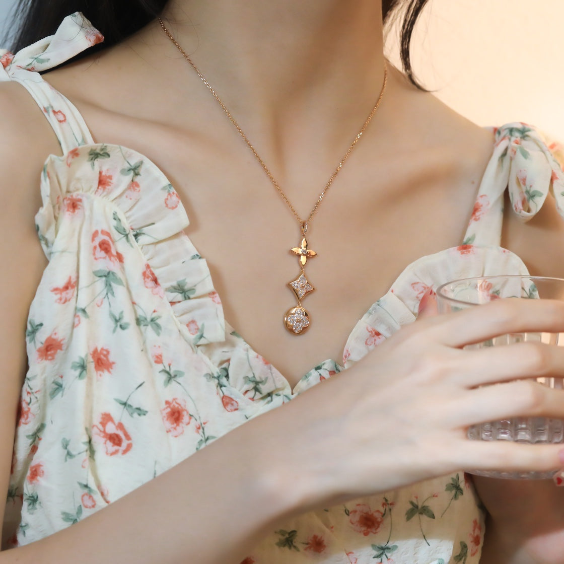 [⭐Renara]STAR AND SUN DIAMOND PINK GOLD NECKLACE