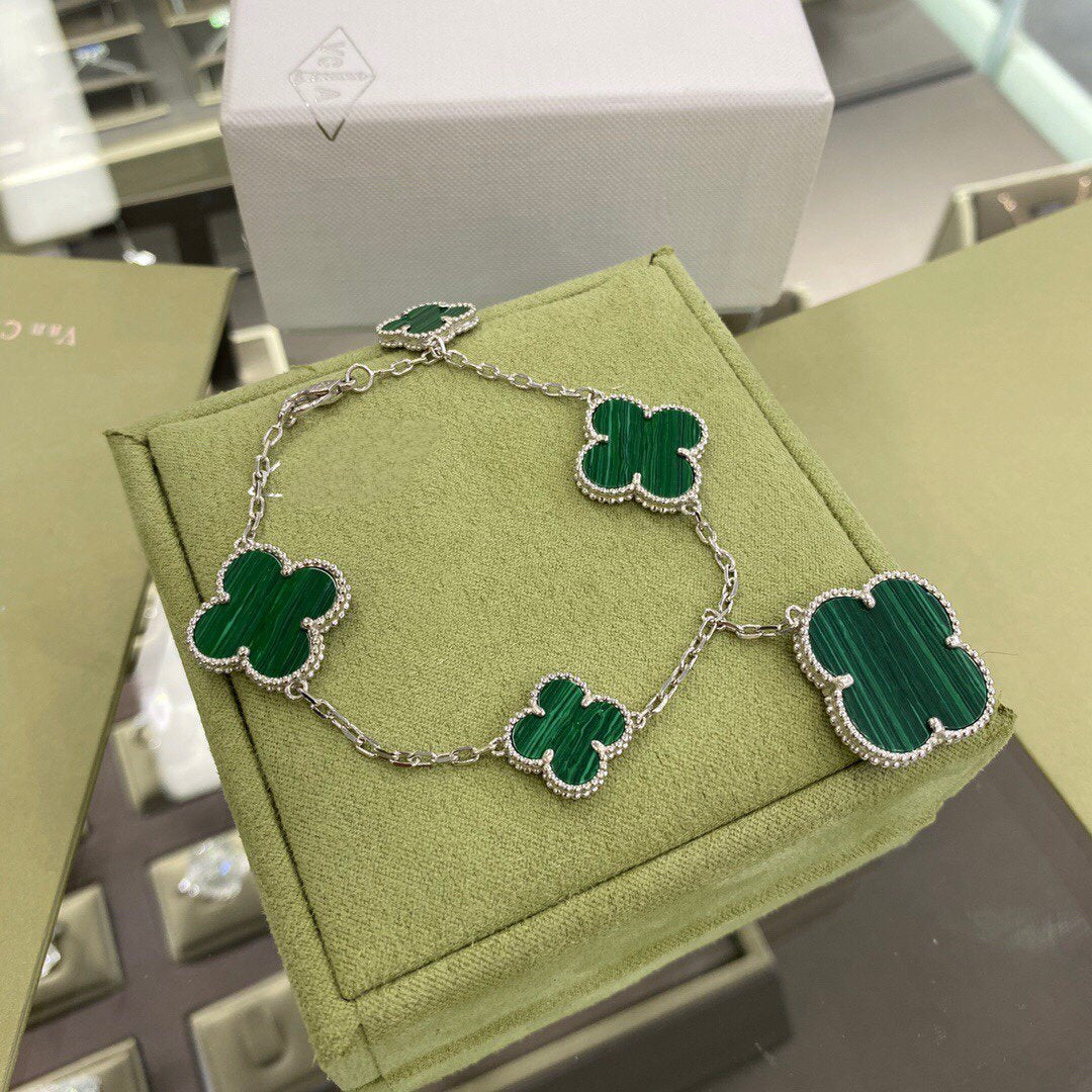 [⭐Renara]CLOVER 5 MOTIFS SIVLER MALACHITE BRACELET