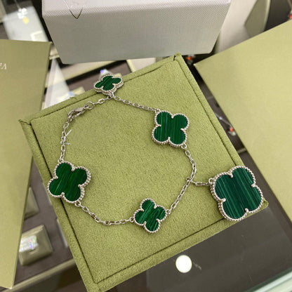 [⭐Renara]CLOVER 5 MOTIFS SIVLER MALACHITE BRACELET