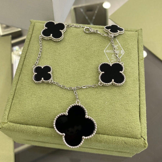 [⭐Renara]CLOVER 5 MOTIFS SIVLER ONYX BRACELET