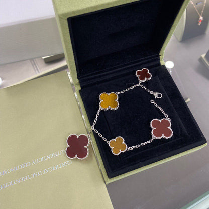 [⭐Renara]CLOVER 5 MOTIFS SIVLER CARNELIAN TIGER EYE BRACELET