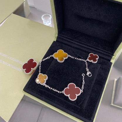 [⭐Renara]CLOVER 5 MOTIFS SIVLER CARNELIAN TIGER EYE BRACELET