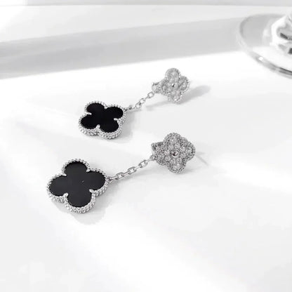 [⭐Renara]CLOVER 2 MOTIFS  DIAMOND ONYX EARRINGS SILVER