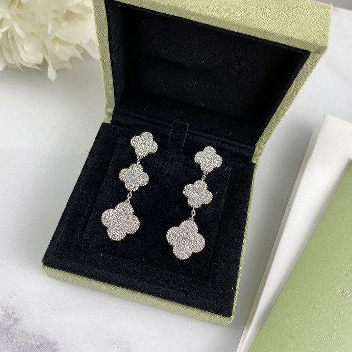 [⭐Renara]CLOVER 3 MOTIF DIAMOND SILVER DROP EARRINGS
