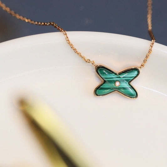 [⭐Renara]JEUX MALACHITE 1 DIAMOND PINK GOLD NECKLACE