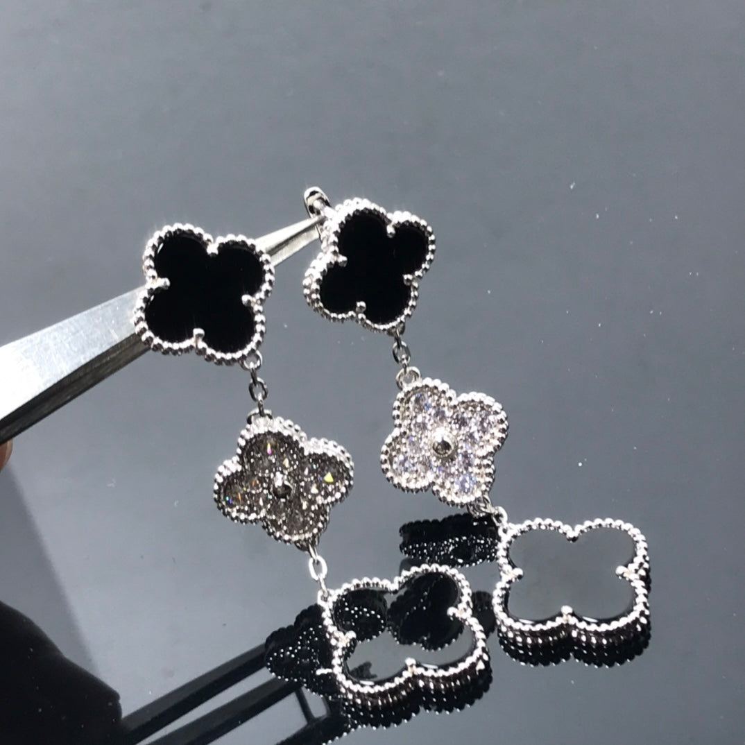[⭐Renara]CLOVER 3 MOTIF DIAMOND ONYX SILVER EARRINGS