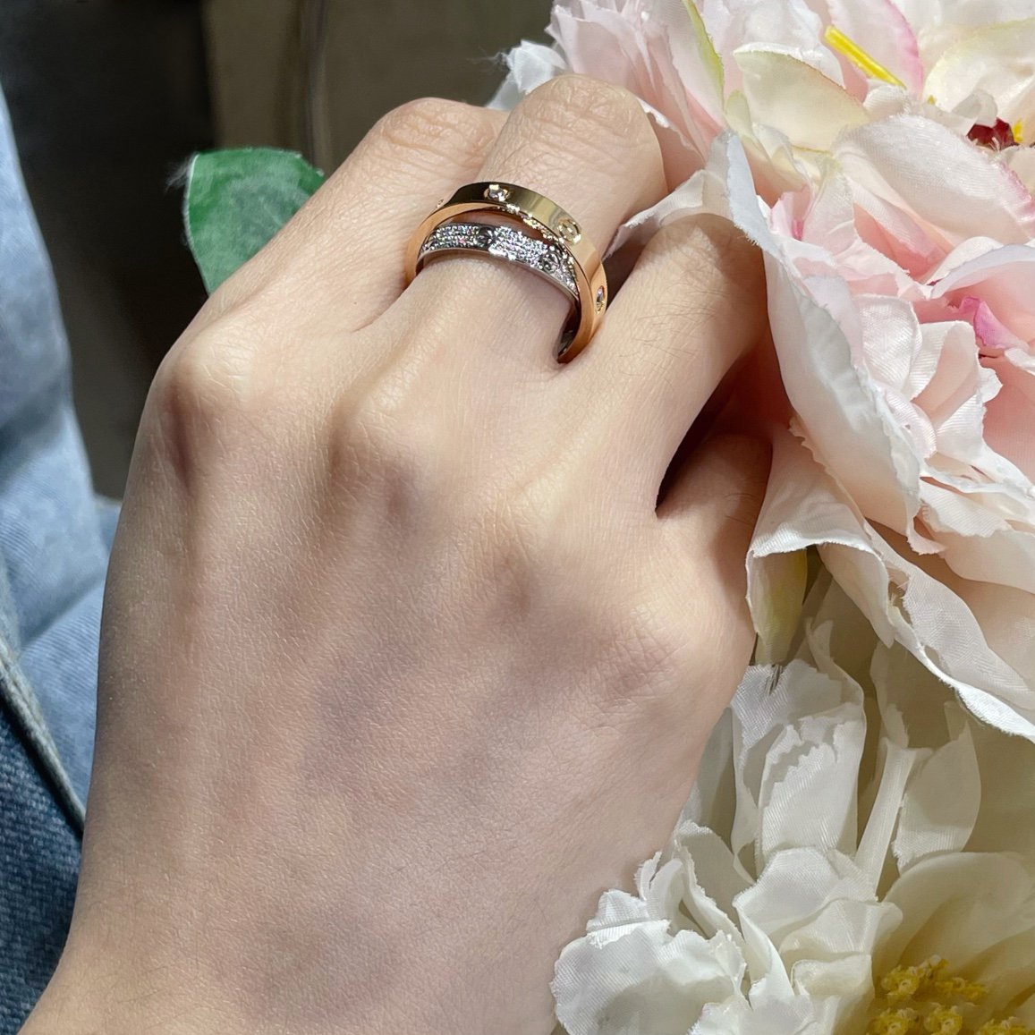 [⭐Renara]LOVE PINK GOLD SILVER DIAMOND DOUBLE RING