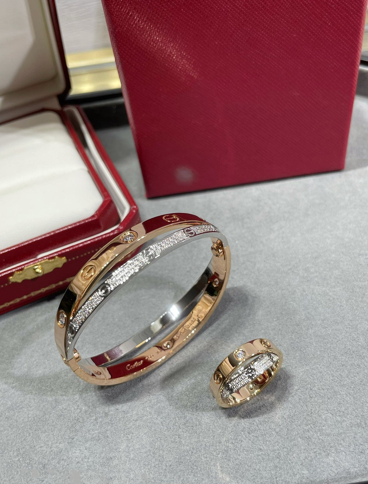 [⭐Renara]LOVE PINK GOLD SILVER DIAMOND DOUBLE RING