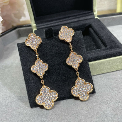 [⭐Renara]CLOVER 3 MOTIFS DIAMOND PAVED ROSE GOLD EARRINGS