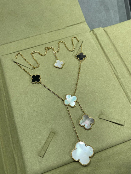 [⭐Renara]CLOVER 6 MOTIF MOP ONYX GOLD NECKLACE