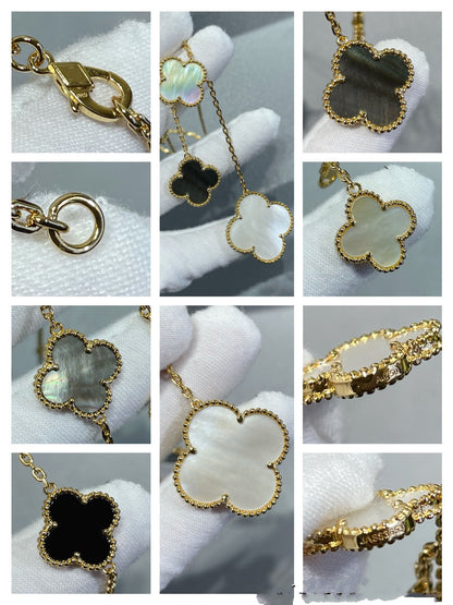 [⭐Renara]CLOVER 6 MOTIF MOP ONYX GOLD NECKLACE