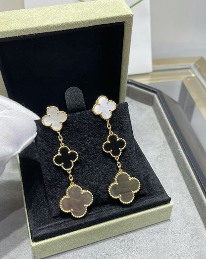 [⭐Renara]CLOVER 3 MOTIF MOP ONYX DARK MOP PINK GOLD EARRINGS
