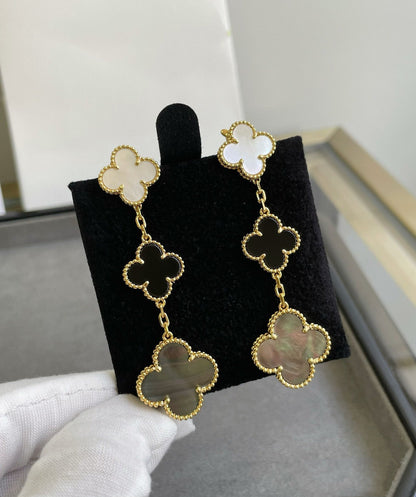 [⭐Renara]CLOVER 3 MOTIF MOP ONYX DARK MOP PINK GOLD EARRINGS