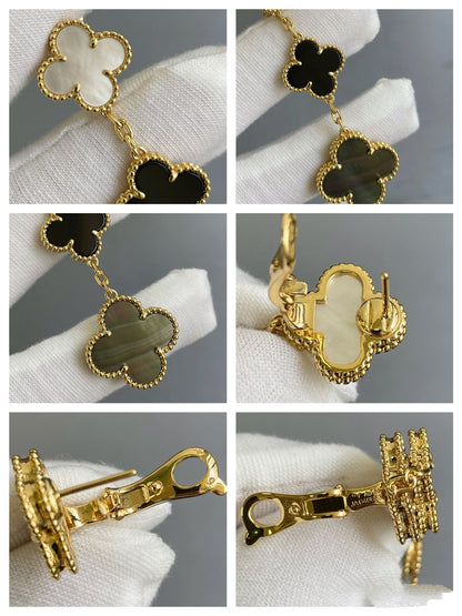 [⭐Renara]CLOVER 3 MOTIF MOP ONYX DARK MOP PINK GOLD EARRINGS