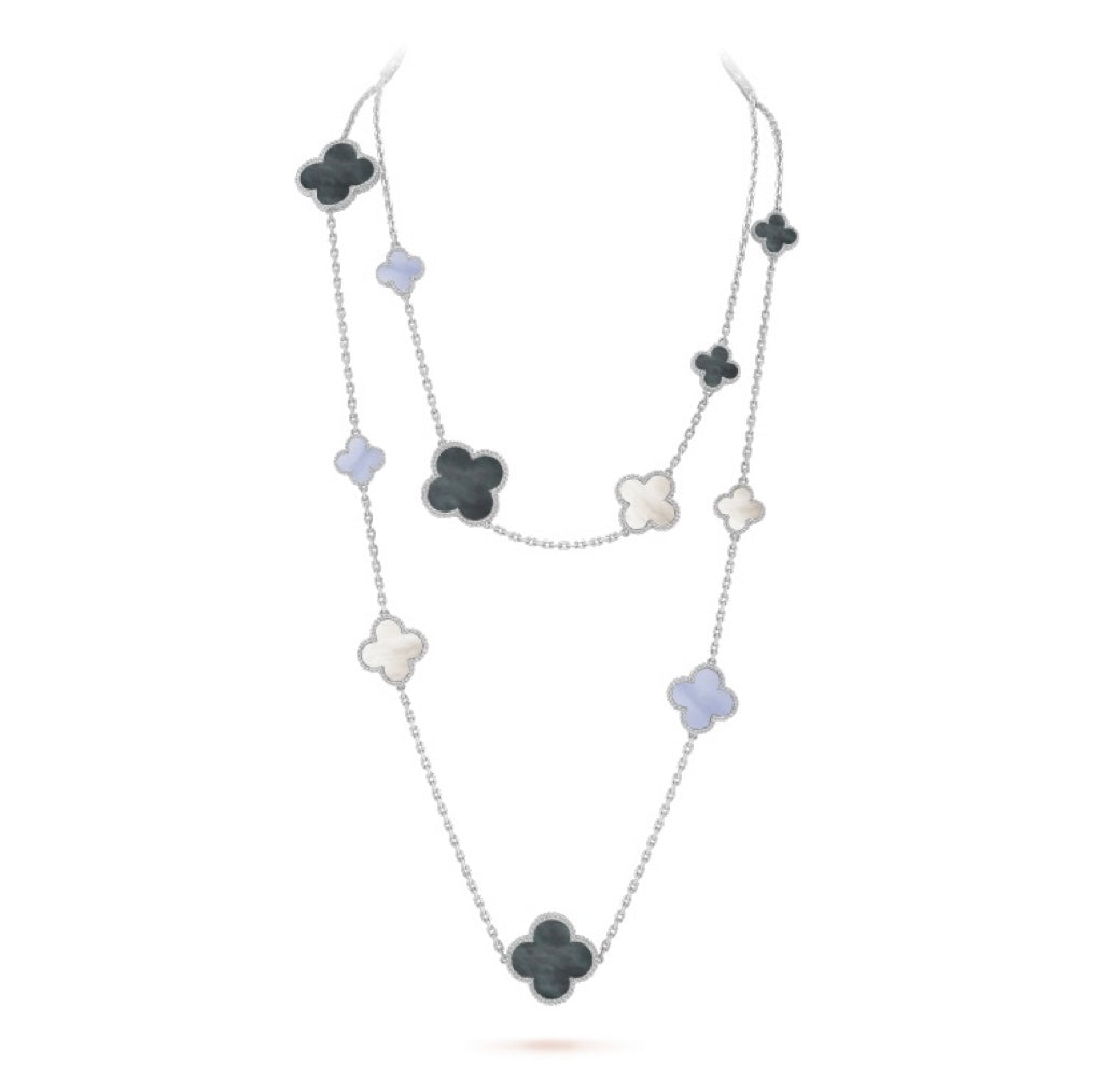 [⭐Renara]CLOVER 16 MOTIF CHALCEDONY MOP SILVER NECKLACE