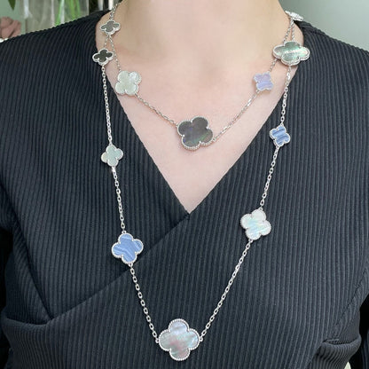 [⭐Renara]CLOVER 16 MOTIF CHALCEDONY MOP SILVER NECKLACE