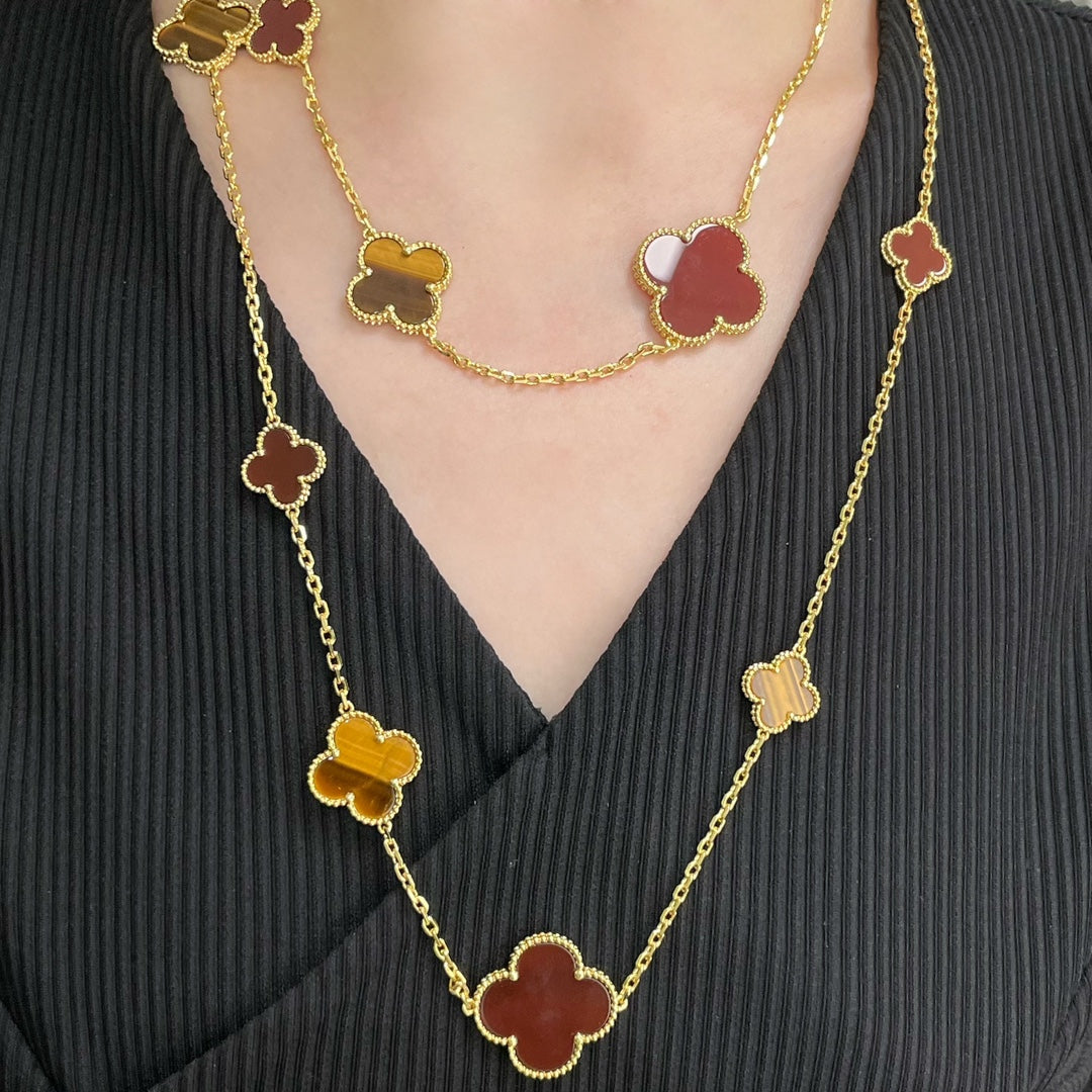 [⭐Renara]CLOVER 16 MOTIF CARNELIAN TIGER EYE ROSE GOLD NECKLACE