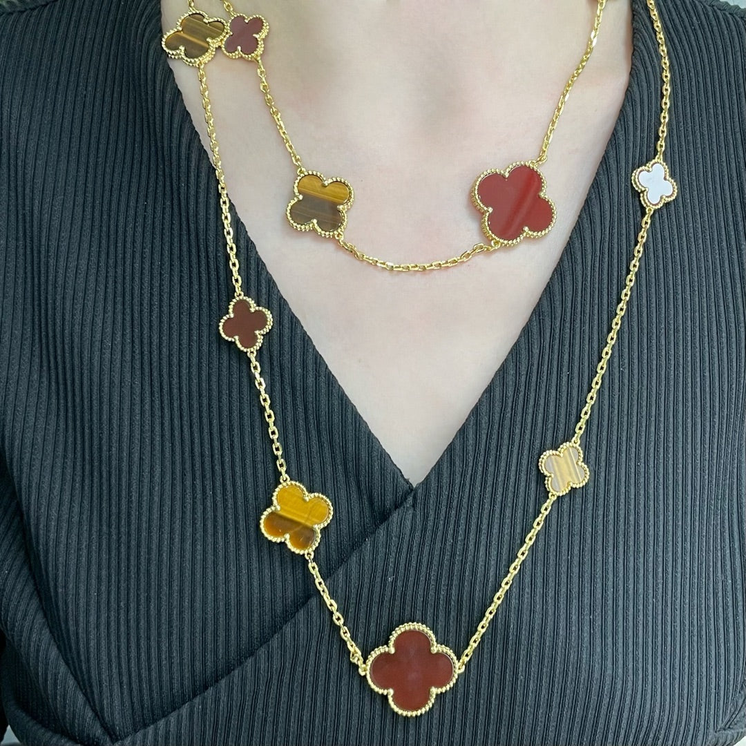 [⭐Renara]CLOVER 16 MOTIF CARNELIAN TIGER EYE ROSE GOLD NECKLACE