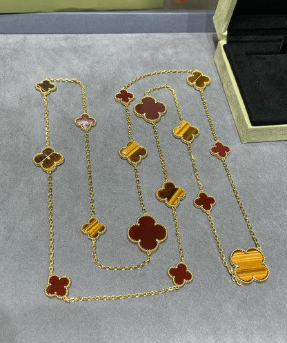 [⭐Renara]CLOVER 16 MOTIF CARNELIAN TIGER EYE ROSE GOLD NECKLACE