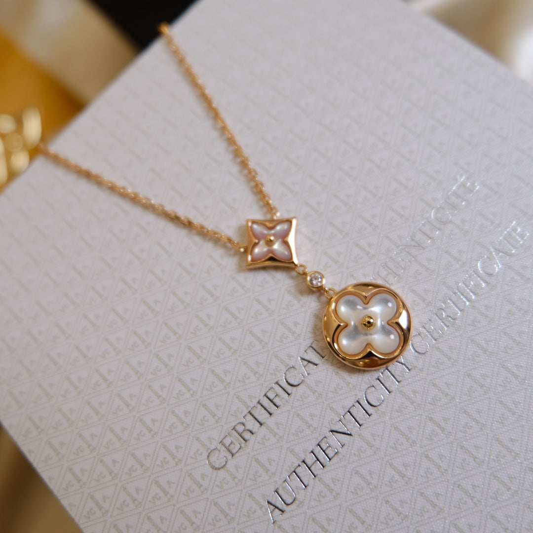 [⭐Renara]STAR AND SUN WHITE MOP 2 MOTIF PINK GOLD NECKLACE