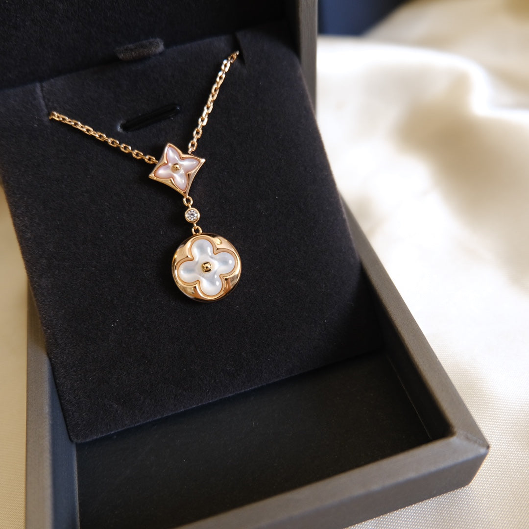 [⭐Renara]STAR AND SUN WHITE MOP 2 MOTIF PINK GOLD NECKLACE
