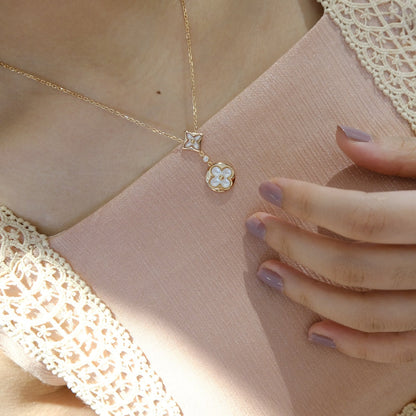 [⭐Renara]STAR AND SUN WHITE MOP 2 MOTIF PINK GOLD NECKLACE