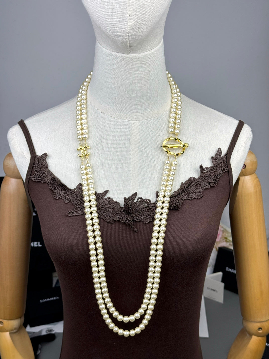 [⭐Renara]25K Pencil Double C Double-Layer Pearl Sweater Chain