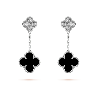 [⭐Renara]CLOVER 2 MOTIFS  DIAMOND ONYX EARRINGS SILVER