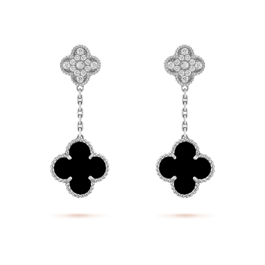 [⭐Renara]CLOVER 2 MOTIFS  DIAMOND ONYX EARRINGS SILVER