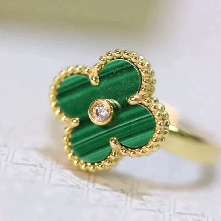[⭐Renara]CLOVER MALACHITE RING GOLD DIAMOND