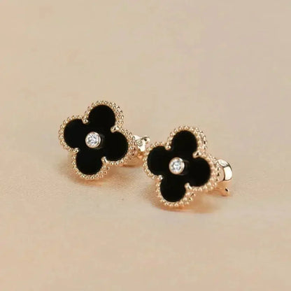 [⭐Renara]CLOVER MEDIUM 1 MOTIFS ONYX DIAMOND EARRINGS