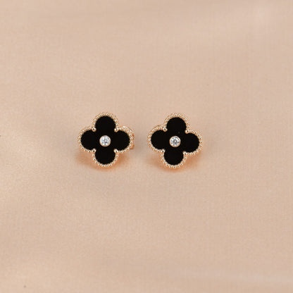[⭐Renara]CLOVER MEDIUM 1 MOTIFS ONYX DIAMOND EARRINGS