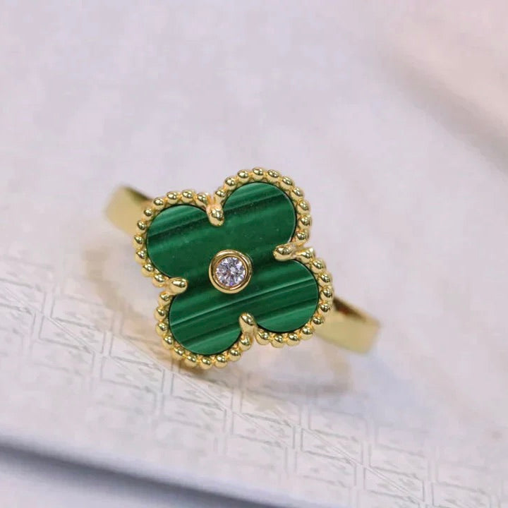 [⭐Renara]CLOVER MALACHITE RING GOLD DIAMOND