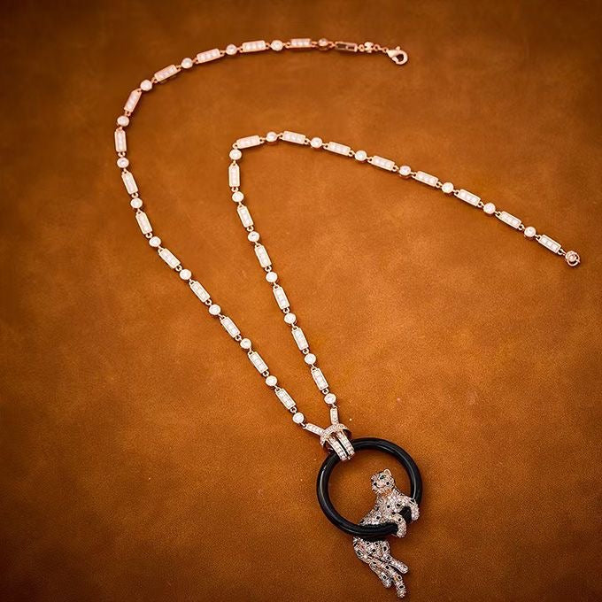 [⭐Renara jewelrys]NEW BLACK CIRCLE PANTHER FULL DIAMOND NECKLACE