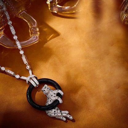 [⭐Renara jewelrys]NEW BLACK CIRCLE PANTHER FULL DIAMOND NECKLACE