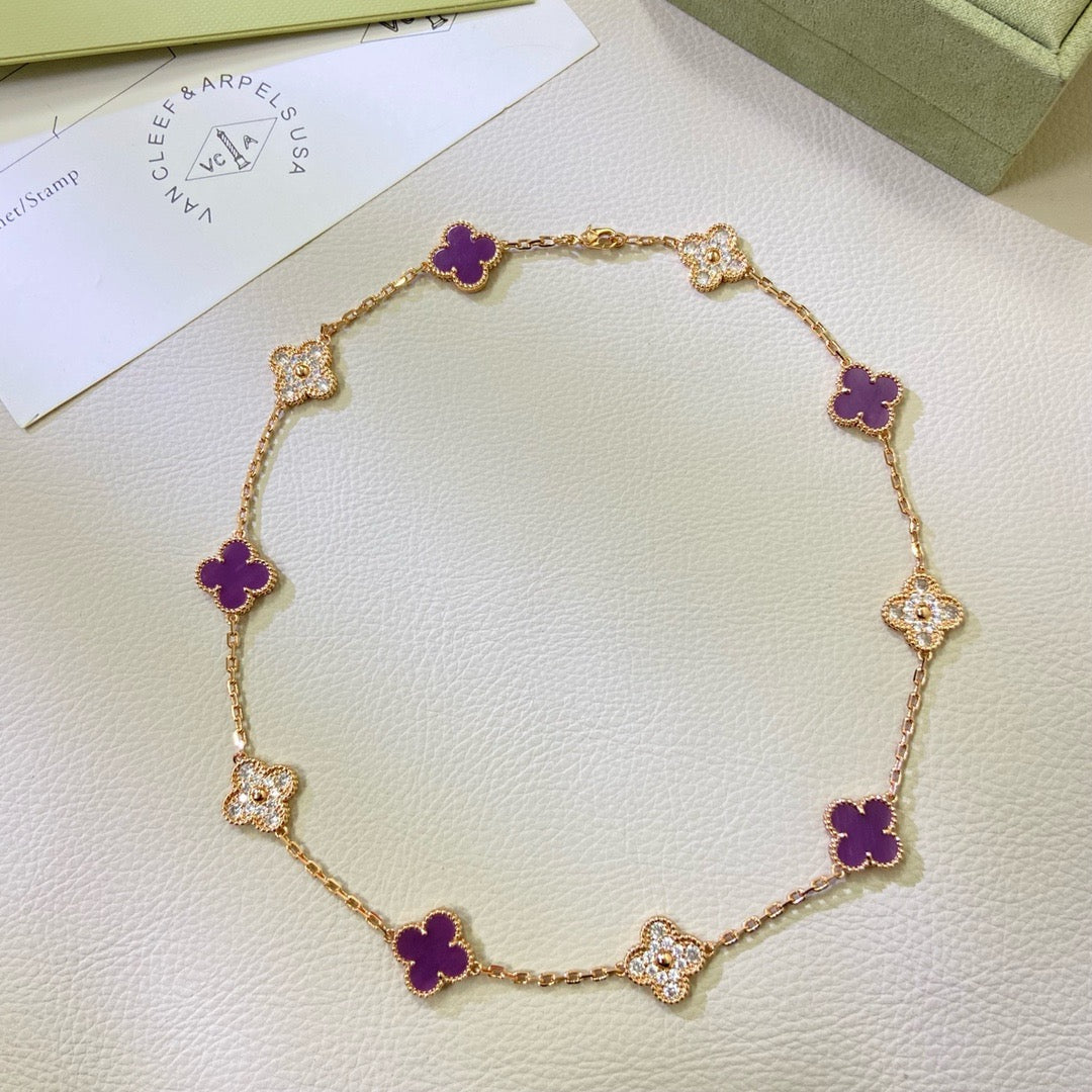 [⭐Renara Jewelry]CLOVER 10 MOTIFS  PURPLE VIOLET DIAMOND NECKLACE