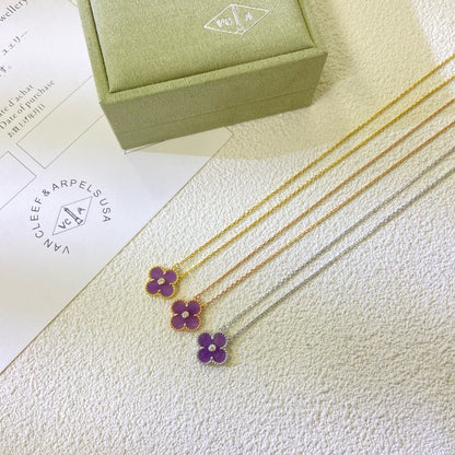 [⭐Renara Jewelry]CLOVER 15MM DIAMOND  PURPLE VIOLET NECKLACE