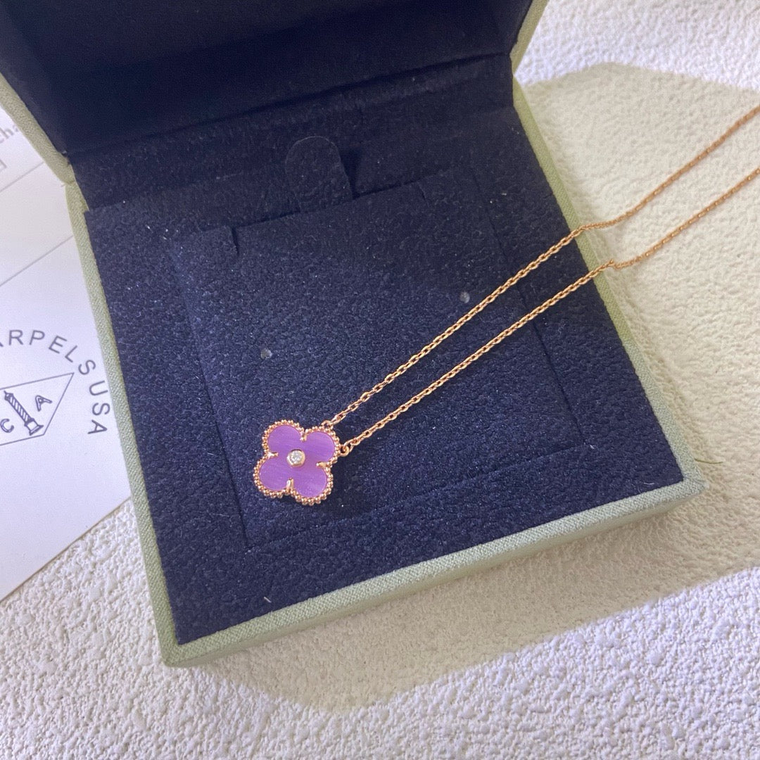 [⭐Renara Jewelry]CLOVER 15MM DIAMOND  PURPLE VIOLET NECKLACE