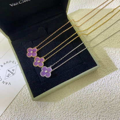 [⭐Renara Jewelry]CLOVER 15MM DIAMOND  PURPLE VIOLET NECKLACE