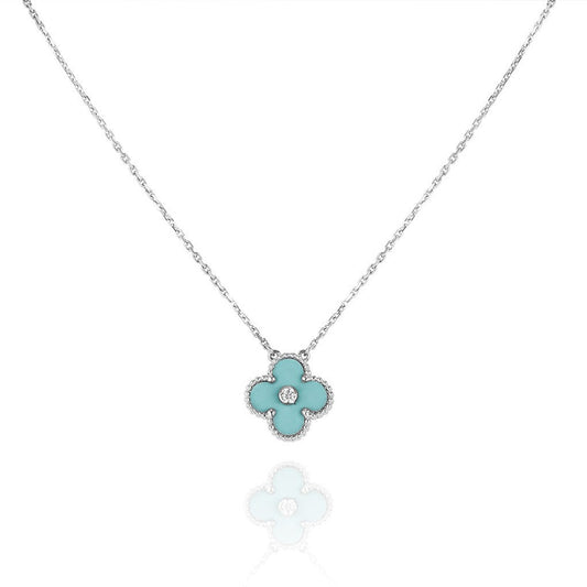 [⭐Renara]CLOVER 1 DIAMOND LIGHT BLUE SILVER NECKLACE