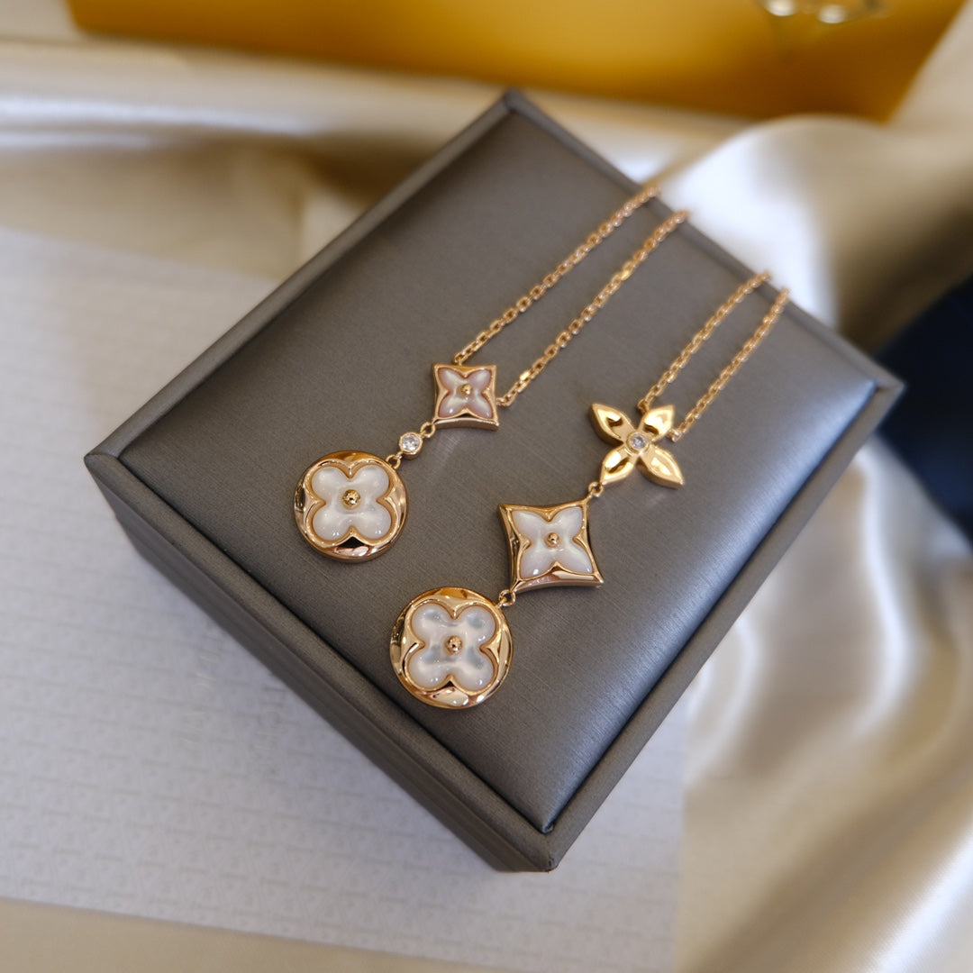 [⭐Renara]COLOR BLOSSOM LARIAT NECKLACE PINK GOLD WHITE MOTHER PEARL AND DIAMOND
